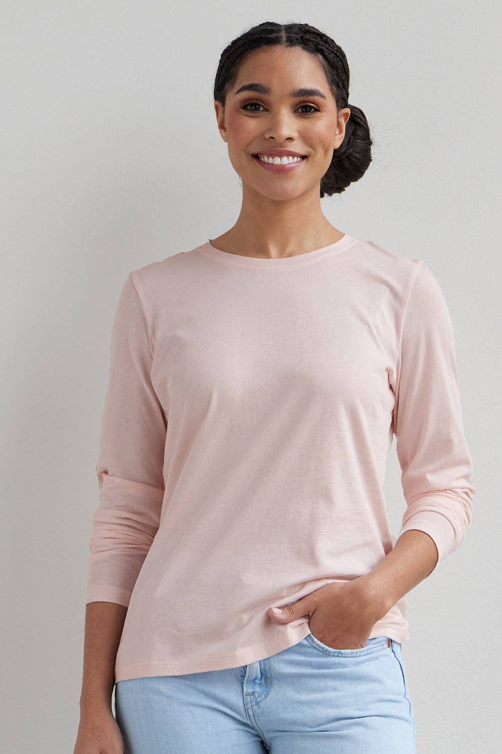 Women's Organic All-Cotton Relaxed Long Sleeve Crew Neck T-Shirt - Fair Indigo, Size XL / Petal Pink