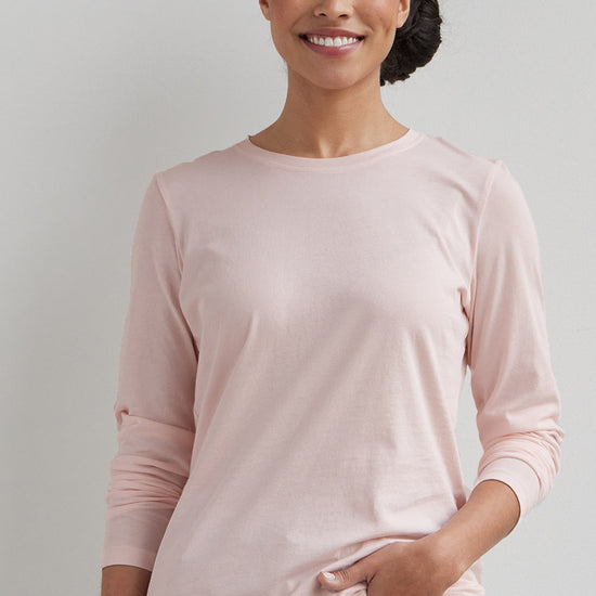 womens 100% cotton relaxed long sleeve crew neck tee - petal pink - fair trade ethically made