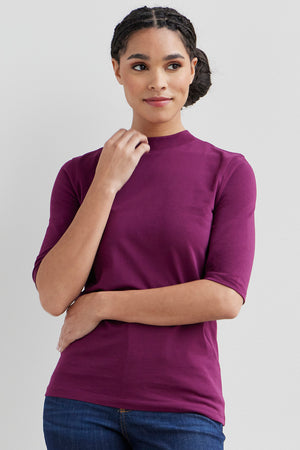 womens organic cotton half sleeve mock neck t-shirt - boysenberry magenta - fair indigo fair trade ethically made