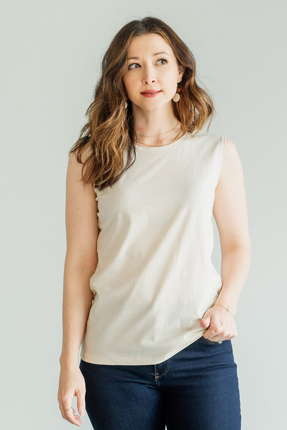 womens organic cotton sleeveless tee - undyed natural beige - ethically made - fair trade clothing - fair indigo