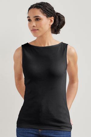 womens 100% organic cotton luxe sleeveless boat neck tee - black - fair indigo fair trade ethically made