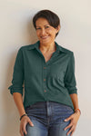 womens organic 100% cotton knit button down shirt- balsam green - fair trade ethically made
