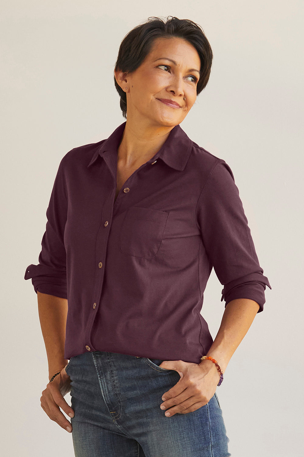 Women's 100% Organic Cotton Knit Button Down Shirt