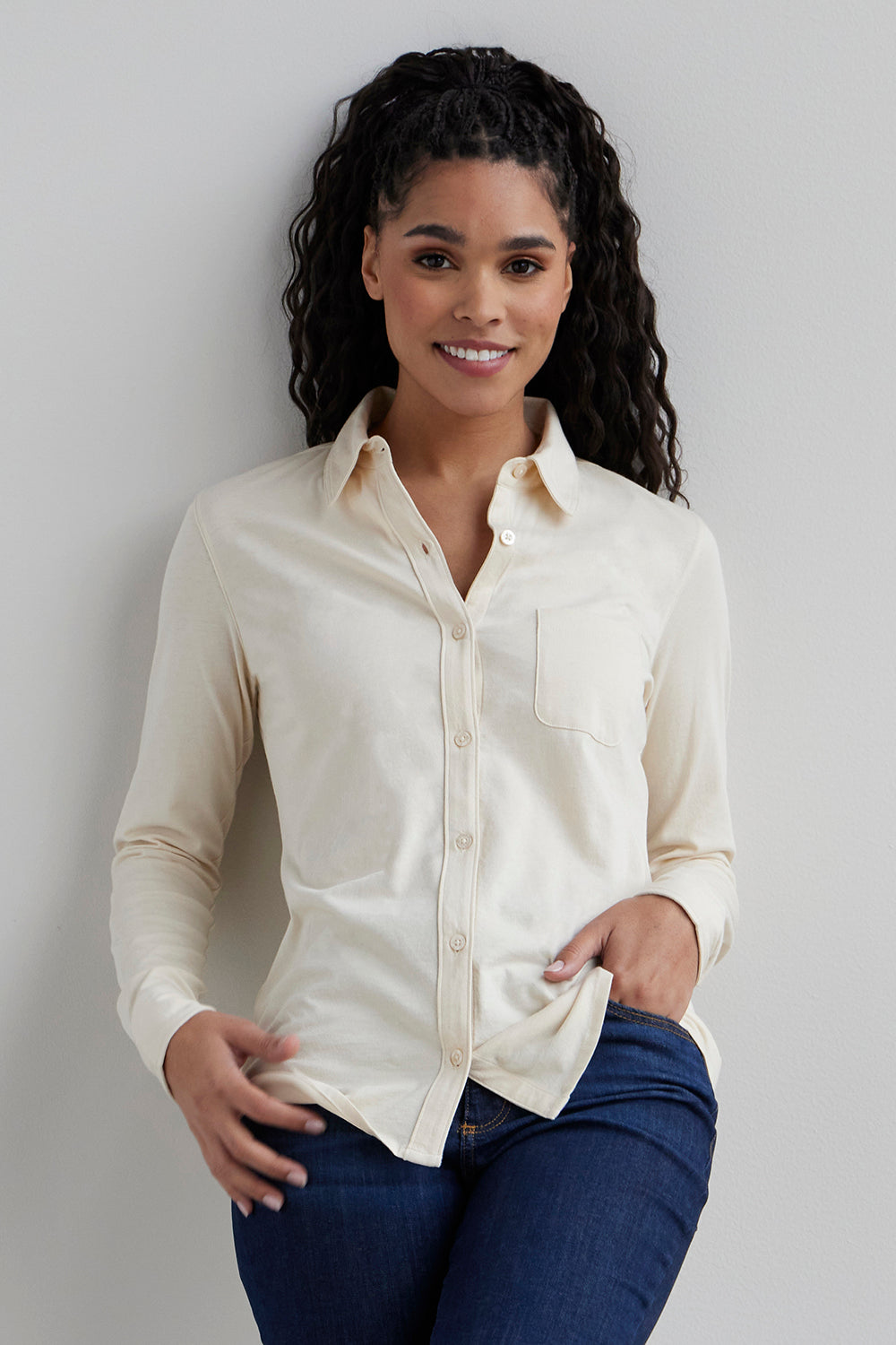 womens organic all cotton knit button down shirt- undyed natural cotton beige - fair trade ethically made