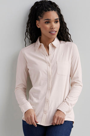 womens organic 100% cotton knit button down shirt- petal pink - fair trade ethically made