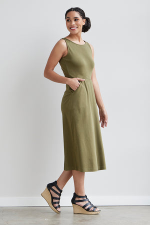 womens 100% organic cotton sleeveless midi dress - olive green - fair indigo fair trade ethically made