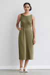 womens organic cotton sleeveless midi dress with pockets - olive green - fair indigo fair trade ethically made