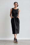 womens 100% organic cotton sleeveless midi dress with pockets - black - fair indigo fair trade ethically made
