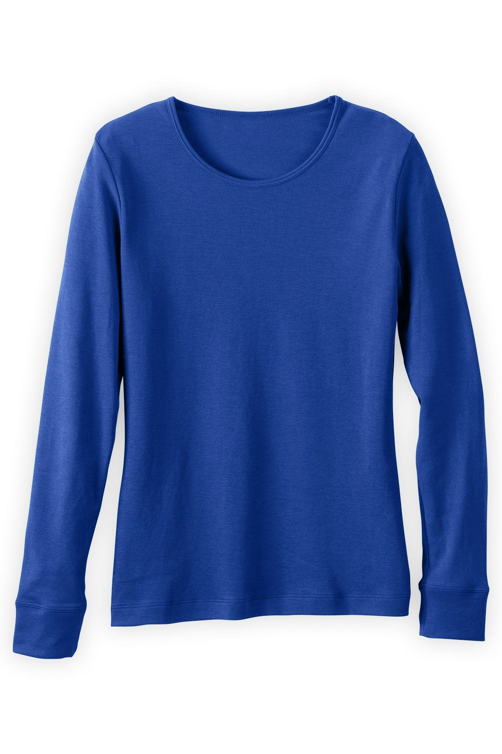 A plain, long-sleeve, crew neck shirt in solid royal blue, laid flat against a white background.